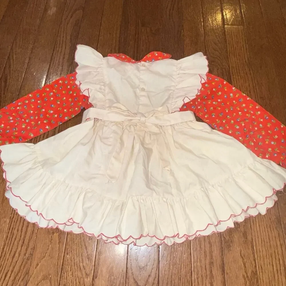 90s Vintage Nannette Prairie Dress 3T Red Floral White Apron Ruffle Cottagecore